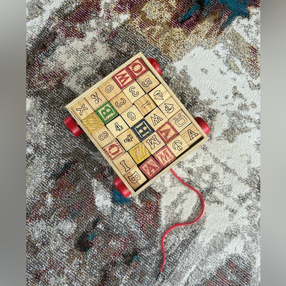 Vintage wooden baby blocks primary colors numbers letters objects pull along bin - Picture 6 of 7